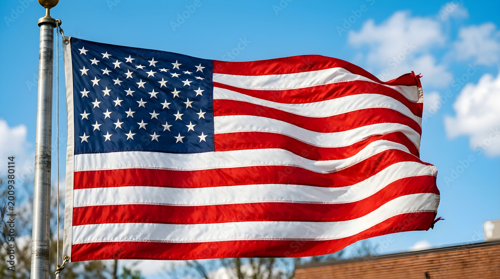 Fototapeta premium American flag waving against blue sky