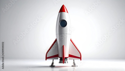 Classic red and white rocket ship with fins, poised for liftoff