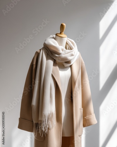 Full-length shot of a mannequin wearing an oversized beige coat and wide scarf