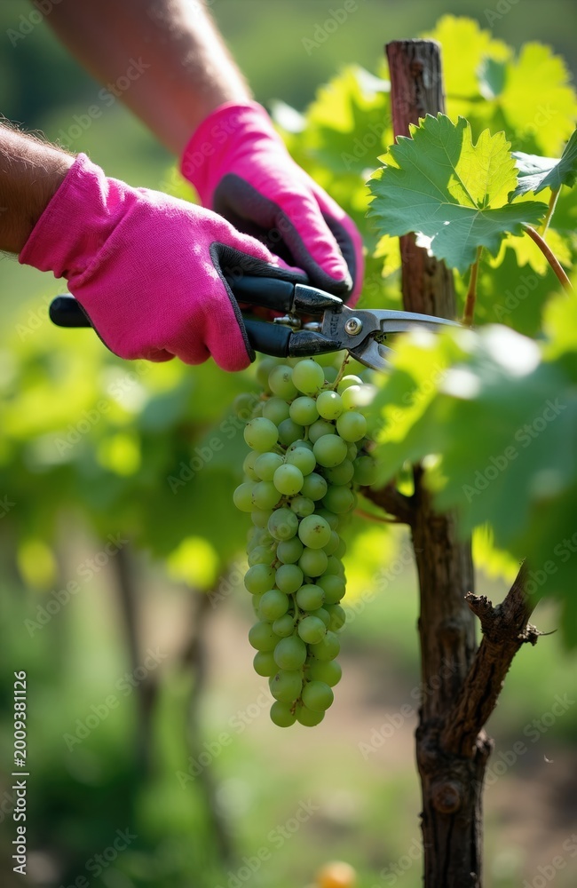 Naklejka premium Farmer wearing pink gloves cuts green grapes with shears. Gardener tends to vine, cares for fruit on farm. Pruning grape plants, preparing for harvest season at vineyard.