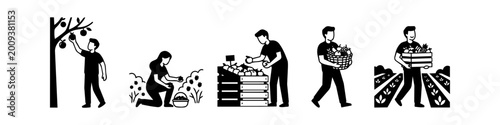 Canvas Print Set of minimalist black and white icons depicting farmers harvesting fruit from trees and bushes, carrying baskets and crates of fresh produce, and selling at a market