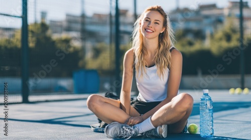 Woman smiling on a tennis court with water bottle and tennis balls