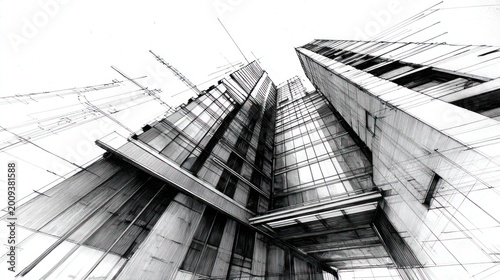 Architectural perspective of modern high rise buildings against a white background