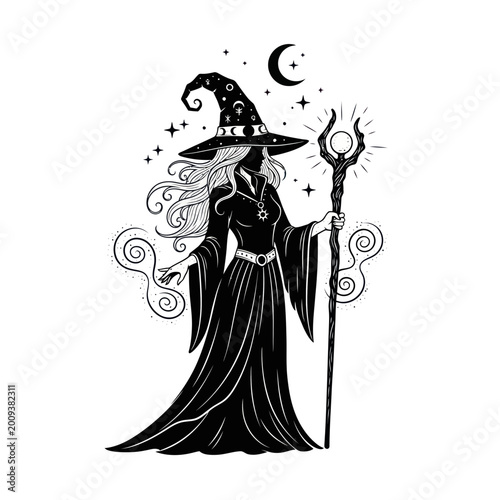 Quadro su tela Mysterious Witch with Magic Staff and Crescent Moon Illustration