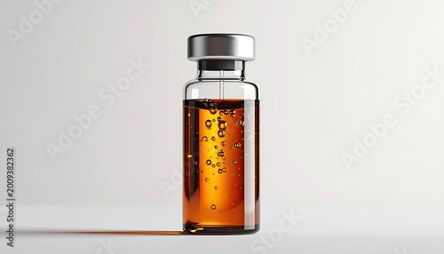 Glass vial with amber liquid and rising bubbles, sealed with silver cap