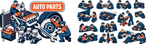 Mechanics working on car parts and engines, illustrating automotive repair services