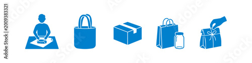 Canvastavla A set of blue icons representing sustainable packaging and delivery, featuring food wrapping, a reusable tote bag, a shipping box, a shopping bag with a jar, and takeout handoff