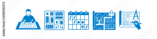 Billede på lærred Vector icon set illustrating garden planning and landscape design, including site plans, planting calendars, and architectural sketching for backyard farming and urban agriculture