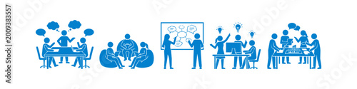 Photos A series of blue flat vector icons depicting people collaborating in office settings, including brainstorming, planning on a whiteboard, informal meetings, and creative teamwork