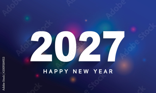 2027 Happy New Year Background with Colorful Light Bokeh on Blue