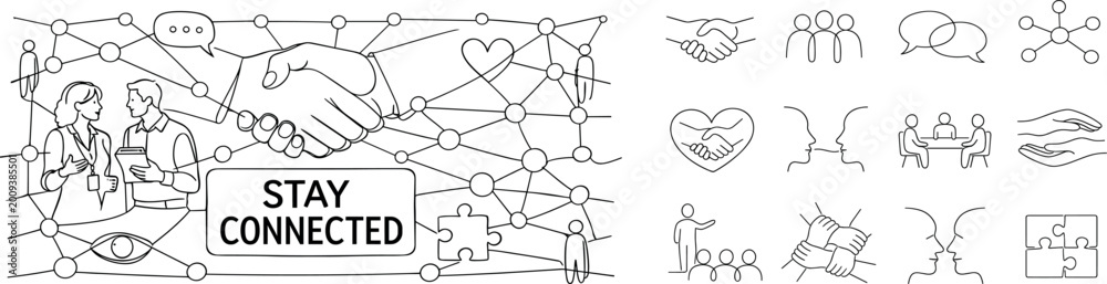 Naklejka premium Business networking and collaboration icons with handshake and connection symbols