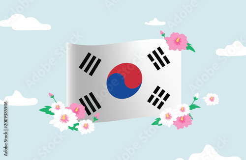 Billede på lærred South Korean Flag with Hibiscus Flowers and Clouds