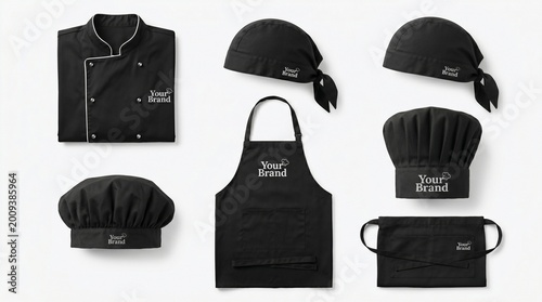 Professional black chef uniform set including jacket, apron, and various hats. Mockup template for restaurant branding with 