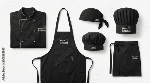 Professional black chef uniform set including jacket, apron, and various hats. Mockup template for restaurant branding with 