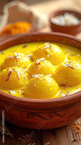 Golden spheres of sweet cheese in creamy saffron syrup, garnished with nuts