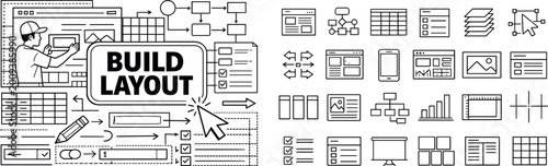 Graphic designer building website layout with icons and tools for web design