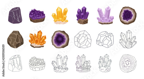 Tableau sur toile Collection of Natural Crystals and Geodes, Hand-Drawn Style Vector Illustrations