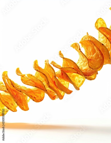 Golden spiral potato chips suspended against a bright white background, casting a shadow