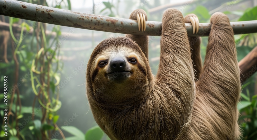 Fototapeta premium Smiling Brown Sloth Hanging on a Metal Pole in Lush Misty Jungle