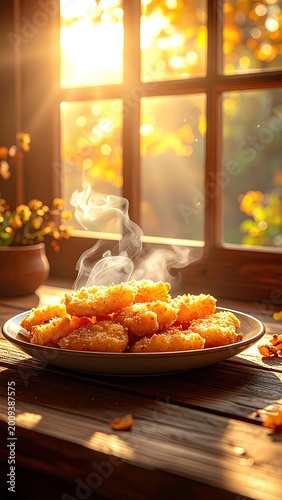 Golden, steaming food on a plate in warm sunlight near a window