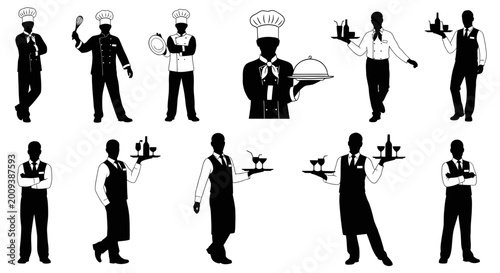 Fotografi Chef and Waiter Silhouettes: Professional Restaurant Staff Collection