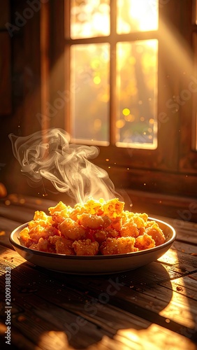 Golden, steaming fried bites piled high on a plate near a sunlit window
