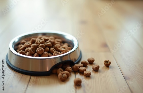 Close-up of dog kibble in a metal bowl on a wooden floor. Some pieces spilled around the dish, indicating mealtime for a pet. Nutrition for domestic animals is important for their health and wellness.