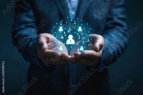 Cupped hands hold a glowing digital sphere of interconnected user icons