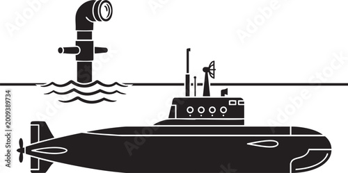 Obraz na płótnie Submarine and Periscope Vector Silhouettes on Waterline for Marine Technology Ic