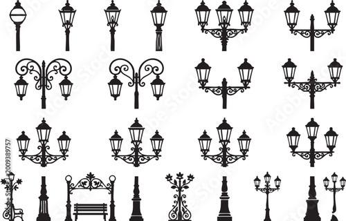 Schilderij op canvas Vintage Street Lamp and Gas Lantern Silhouettes