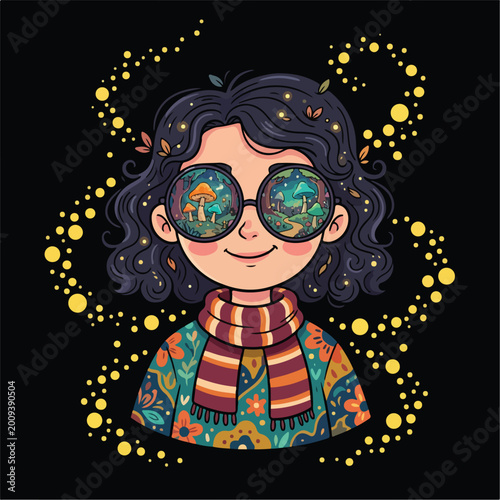 Whimsical Child with Magical Mushroom Glasses and Sparkle Aura.