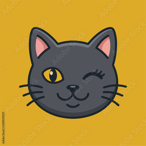 Winking Gray Cartoon Cat Face.