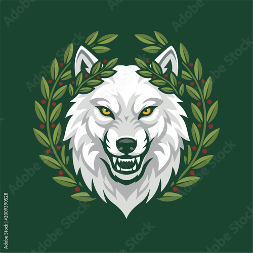 White wolf with laurel wreath.