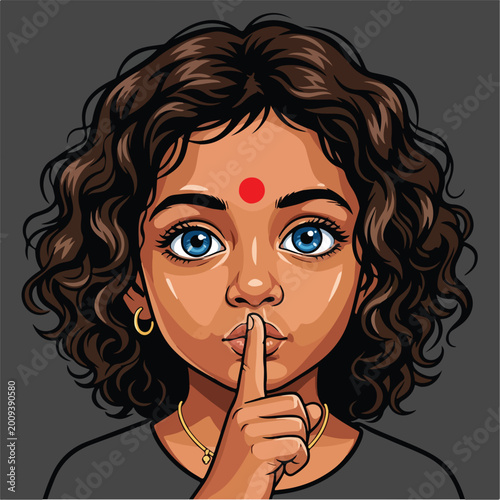 Young Indian Girl with Bindi Making Shushing Gesture.