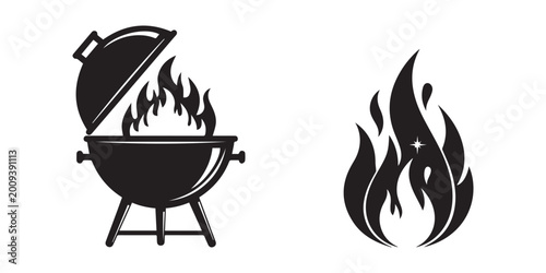 Black and white illustration of a grill and flames