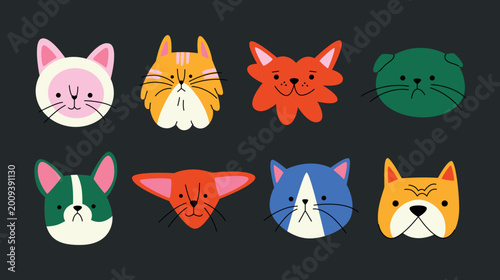 Fotografie Cute animal pets heads with different emotions in comic cartoon style
