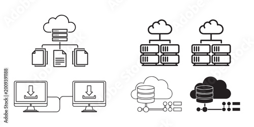 Cloud computing and data server infrastructure line icons set