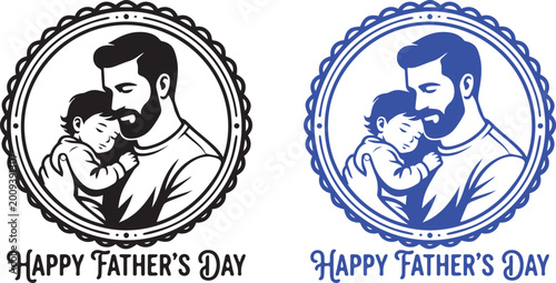 Happy father's day loving embrace of father and child in oval frames