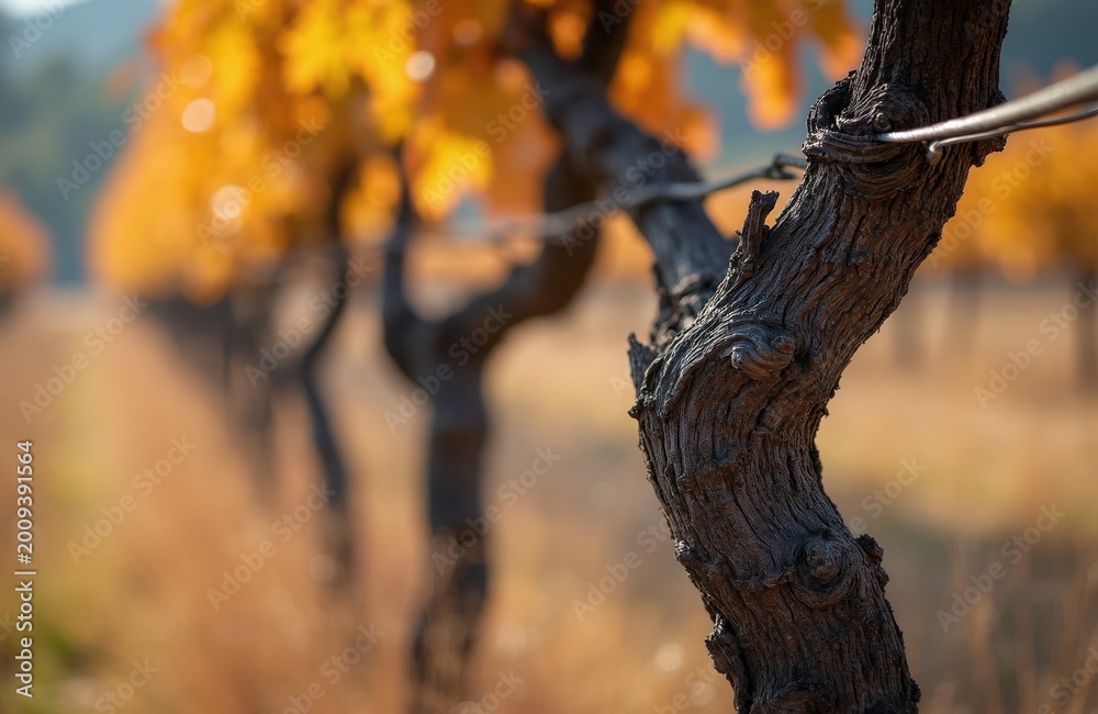 Naklejka premium Gnarled grape vine trunk in autumn vineyard. Golden leaves blur background. Old weathered wood texture. Rural farm landscape detail. Peaceful countryside scene.