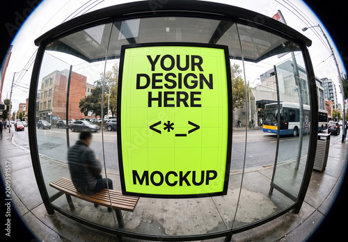 Bus Stop Billboard Mockup Fisheye Lens
