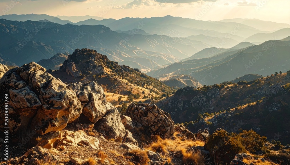 Fototapeta premium Foreground Rocks, Midground Hills, Background Mountains – Layered Depth Landscape