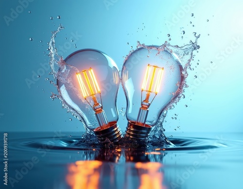 Two glowing light bulbs collide in water splash against blue gradient background. Dynamic burst of liquid creates energy, sparks new brilliant ideas and innovation.