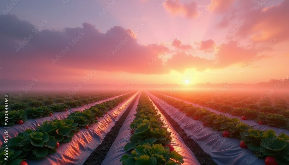 Fototapeta premium Strawberry field at dawn with soft pink sky and mist over fresh green rows. Sun rises with warm light creating peaceful agricultural landscape. Ripe red berries visible on plants.