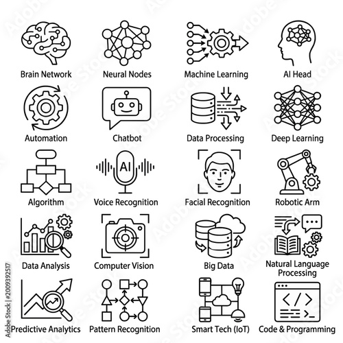 Comprehensive collection of artificial intelligence and machine learning line icons, showcasing modern concepts in data processing, automation, and advanced technology for future innovation