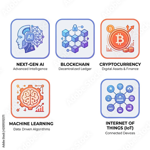 Collection of icons representing Next-Gen AI, Blockchain, Cryptocurrency, Machine Learning, and Internet of Things concepts in technology