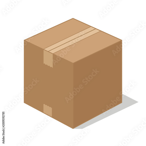 Isometric brown cardboard delivery box sealed with tape, perfect for shipping, storage, and e-commerce packaging needs, presented on a clean white background, ready for transport