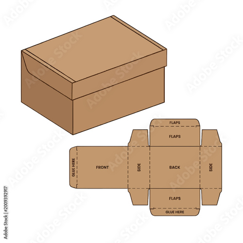 Corrugated cardboard box packaging design and template for shipping and storage