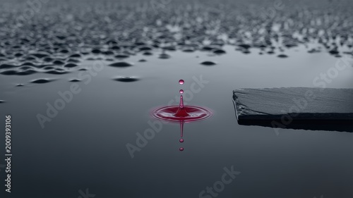 Abstract Red Liquid Droplet Falling Into Dark Water for Artistic Concepts