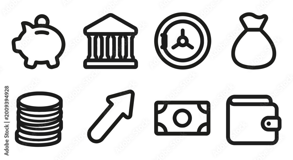 Fototapeta premium Vector icon set for the financial sector, banking services, and investment management. Rounded thick line style for digital banking app interfaces, expense control dashboards, and financial planning p
