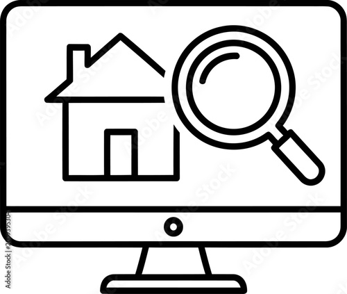 Line art icon of a computer monitor displaying a house search with real estate magnifying glass computer property